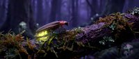 Glowing firefly with luminescent yellow light resting on moss-covered log in mystical purple forest at twilight creating magical woodland atmosphere.