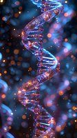 Glowing DNA helix structure with sparkling blue and orange lights against dark background, perfect for scientific or medical presentations and research publications.