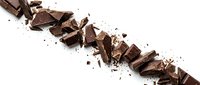 Broken dark chocolate pieces scattered in diagonal line with crumbs on white background, suitable for food and baking design projects.