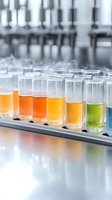Colorful liquid samples in test tubes with rising steam arranged in laboratory rack, showing gradient from orange to green and blue, demonstrating scientific research.