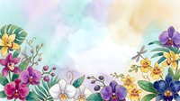 Watercolor floral border with colorful orchids, tropical leaves, and a dragonfly on a soft pastel background, perfect for cards and invitations.