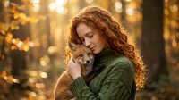 Young redhead woman cuddling adorable fox cub in autumn forest with golden sunlight creating warm bokeh background for wildlife and nature themes.