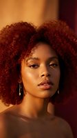 Young African American woman with curly red hair and golden earrings in warm studio lighting for beauty and fashion campaigns.