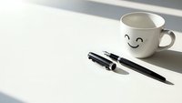 White coffee mug with smiley face and black pens on clean desk surface with natural sunlight shadows for office workspace and productivity concepts.