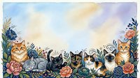 Watercolor cats border with floral elements and roses on soft pastel background for greeting cards, invitations and decorative designs.