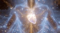 Glowing anatomical heart radiates light within translucent human torso silhouette against cosmic background with stars and ethereal energy streams. Medical visualization.
