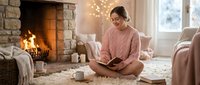 Young Asian woman in cozy pink sweater reading book by fireplace in warm living room with soft lighting and comfortable home decor for relaxation.