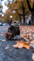 Whimsical owl character wearing plaid jacket and carrying leather briefcase stands among autumn leaves on city street, with bokeh moon and fall foliage in background.