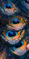 Vibrant peacock feathers with water droplets creating magical bokeh effect in blue and orange tones, extreme macro photography showing intricate natural patterns.