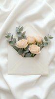 Cream roses and eucalyptus branches in an open envelope on soft white silk fabric, elegant wedding stationery flatlay concept.
