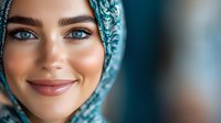 Young Middle Eastern woman wearing turquoise hijab smiling warmly at camera, close-up portrait with soft lighting highlighting bright blue eyes and natural makeup.