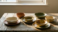 Handmade ceramic bowls in earth tones displayed on rustic wooden table with natural sunlight. Artisan pottery collection for kitchen decor and dining.