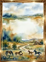 Watercolor rural landscape with horses grazing in pastoral countryside, featuring rolling hills, farmhouse, wooden fences, and serene natural scenery for home decor and wall art.