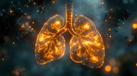 Glowing human lungs with golden light effect against dark background, anatomical structure illuminated with magical particles and bokeh for medical design.