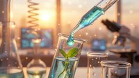 Laboratory scientist conducting plant research with pipette and test tube containing green seedling in modern scientific facility at sunset.