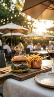 Gourmet burger with fries and red wine on wooden board at outdoor restaurant patio during golden hour sunset with bokeh lights and dining atmosphere.