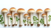 Decorative arrangement of fresh white mushrooms with golden brown caps lined up against white background with green parsley sprigs and roots, food styling.
