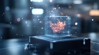 Futuristic holographic heart projection with glowing particles, symbolizing medical technology advancement in cardiology and digital healthcare innovation.