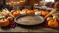 Rustic wooden bowl surrounded by autumn harvest vegetables including pumpkins, gourds, wheat stalks and cranberries on wooden surface with warm bokeh lights for fall seasonal displays.