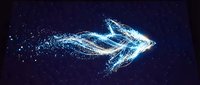 Digital particle arrow pointing right with glowing blue light trails and sparkles on dark background for technology and business presentations.