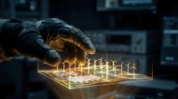 Futuristic robotic hand playing chess with glowing pieces on illuminated board in dark tech environment for AI and strategy concepts.
