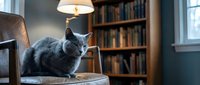 Gray cat resting on a leather armchair in a cozy home library with bookshelves and warm lamp light in the background.