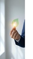 Businessman hand holding glowing green leaf symbol representing sustainable business practices and environmental responsibility in modern office.