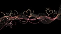 Elegant flowing ornamental border with hearts and swirls in rose gold gradient on black background for romantic designs and decorative elements.