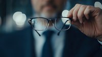 Person holding stylish eyeglasses in focus against blurred business attire background with bokeh lights, representing vision correction and professional appearance.