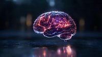 Glowing digital brain hologram with red and blue light effects floating above reflective surface, representing artificial intelligence and neural networks.