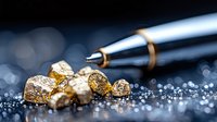 Gold nuggets scattered on dark glittering surface with elegant silver pen in background, dramatic lighting creates luxury business concept for financial success.