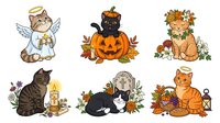 Cute cats and angels with autumn leaves, pumpkins, and fall decorations isolated on white background, ready for clipart, t-shirt designs, and seasonal crafts.