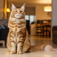 Orange tabby Maine Coon cat sitting indoors with warm lighting and cozy home interior background for pet and lifestyle content.
