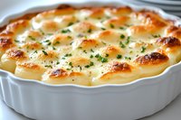 Creamy scalloped potatoes layered with cheese and herbs in white ceramic baking dish, golden brown bubbling surface garnished with fresh parsley.