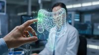 Medical professional examining holographic brain model with digital interface technology in modern healthcare facility for neurological research.