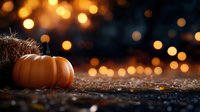Orange pumpkin on rustic surface with golden bokeh lights and hay in background creating magical autumn atmosphere for seasonal decoration.