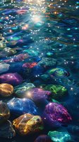Colorful gemstones underwater with light reflections creating magical bokeh effect, ideal for mystical or fantasy backgrounds.