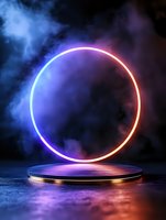 Glowing neon circle floating above metallic platform with dramatic lighting, smoke effects and color gradient from blue to red against dark background.