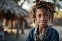 Young African American boy with dreadlocks wearing blue shirt smiling outdoors in natural lighting with blurred background for lifestyle and portrait concepts.