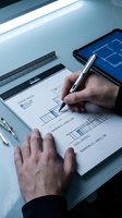 Architect or engineer with light skin tone reviewing blueprint plans on graph paper while using digital tablet for design work at drafting table with ruler and lighting.