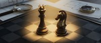 Golden queen and knight chess pieces on illuminated chessboard with blueprints and compass, symbolizing strategy, leadership, and business planning.
