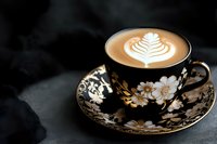 Elegant cappuccino with latte art in black and gold floral porcelain cup and saucer on dark background, moody coffee shop atmosphere with selective focus.