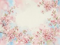 Watercolor cherry blossom frame with soft pink flowers and pastel blue accents, creating an elegant floral border with copy space in center.