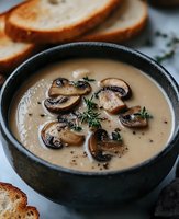 Creamy mushroom soup garnished with fresh thyme and sliced champignon mushrooms served in dark ceramic bowl alongside crusty bread slices on light surface.