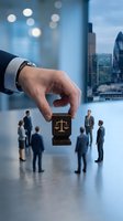 Businessman hand holding justice scales symbol with miniature people in modern office representing legal consulting and corporate law services.
