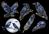 Raven and crow silhouettes isolated on transparent background, ready for t-shirt design, clipart, stickers, sublimation and print-on-demand projects.