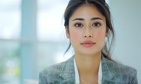 Young Asian businesswoman in plaid blazer with confident expression and natural makeup against blurred office background, professional corporate portrait.