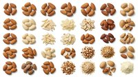 Assorted nuts and seeds collection including almonds, cashews, peanuts, and sesame isolated on white background, ready for food packaging, culinary design, and nutritional content illustrations.