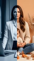 Professional businesswoman transforms into caring mother showing work-life balance split screen concept for modern working parents and career flexibility.