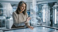 Middle-aged woman with light brown hair, Caucasian ethnicity, wearing business casual attire, interacting with holographic globe display in modern tech office environment for innovation and digital transformation concepts.